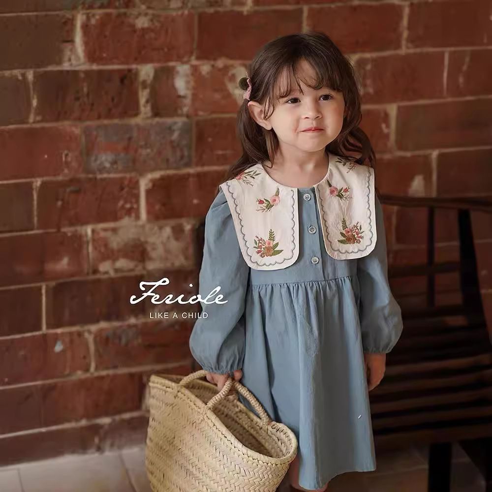 Humor Bear Blue Long Casual Dress Embroidered Kid Clothes Girl Graceful Sleeve Lapel Children Dress