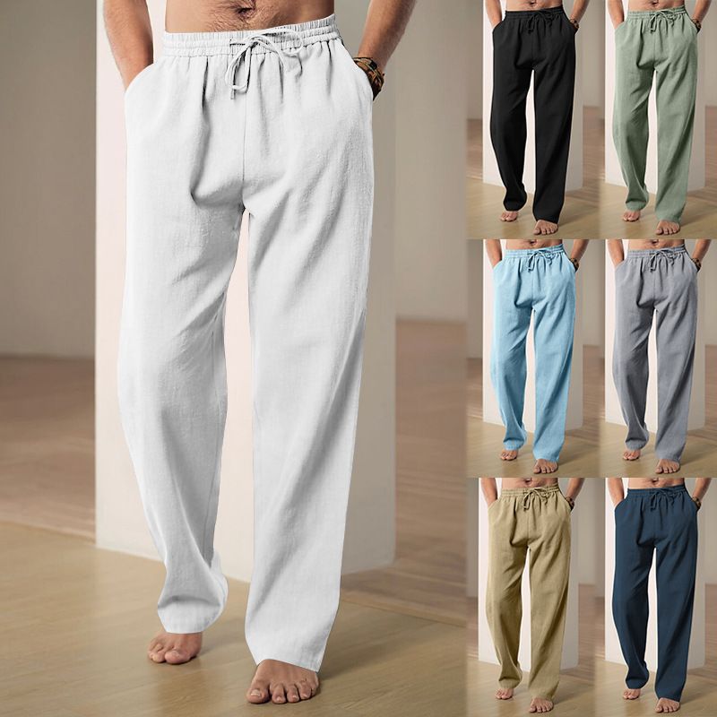 Summer Cotton Linen Trousers Breathable Men's Trousers Hemp Elastic Waist Casual Pants Harajuku Trous Loose Casual Sports Pants