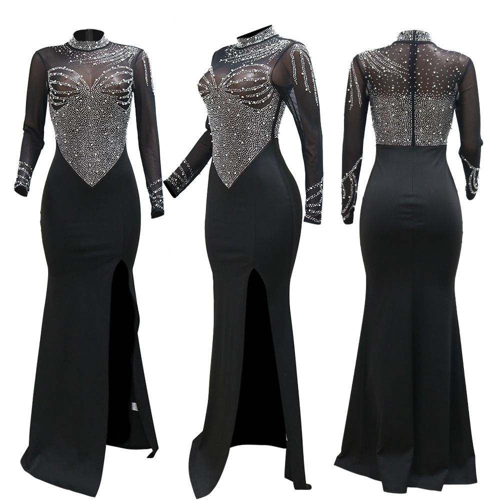 Women's Crystal Embellished High Slit Long Maxi Dress Gown Glam Long Sleeve Diamonds Party Dress Celebrities Outfits