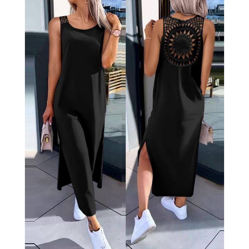 Hollow Out Solid Long Dress Women Fashion Sleeveless O-neck Maxi Dresses For Women Summer Women's Slim Split Vestidos Black