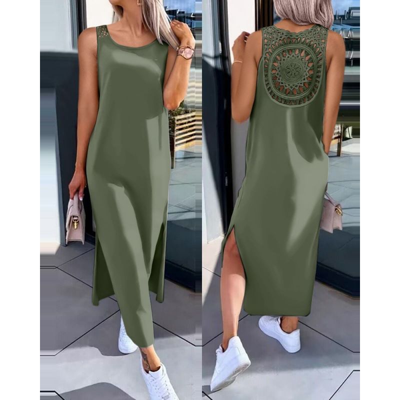 Hollow Out Solid Long Dress Women Fashion Sleeveless O-neck Maxi Dresses For Women Summer Women's Slim Split Vestidos Black