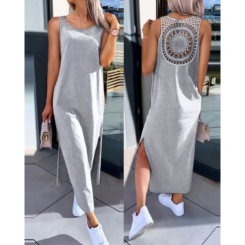 Hollow Out Solid Long Dress Women Fashion Sleeveless O-neck Maxi Dresses For Women Summer Women's Slim Split Vestidos Black