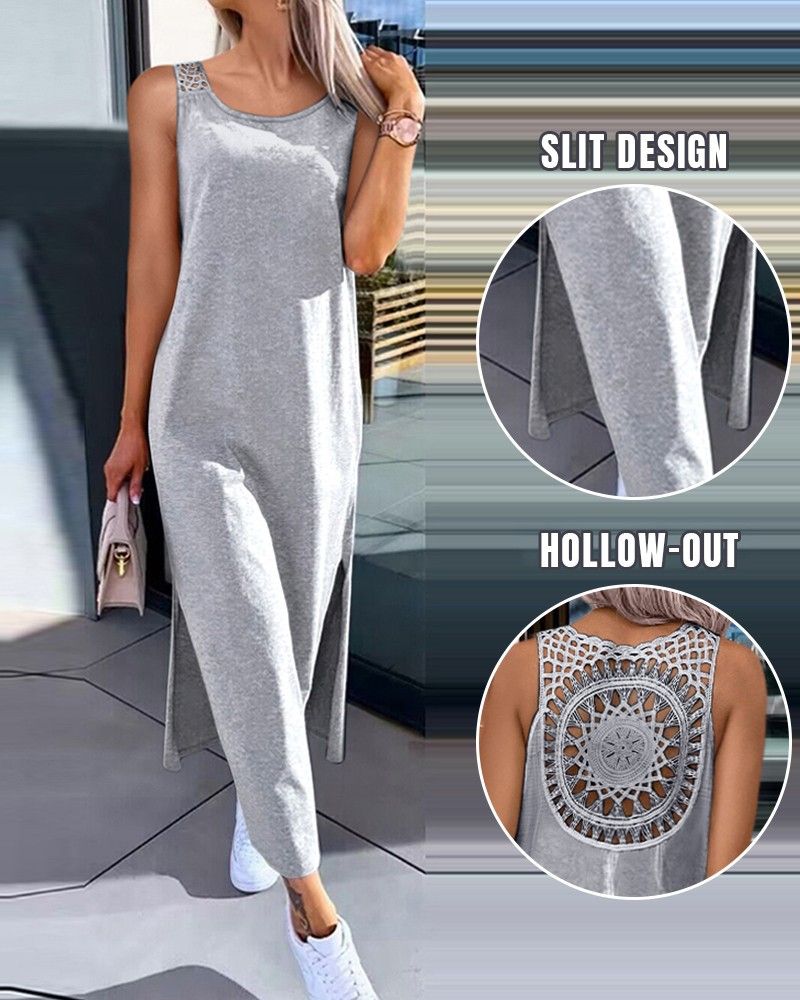 Hollow Out Solid Long Dress Women Fashion Sleeveless O-neck Maxi Dresses For Women Summer Women's Slim Split Vestidos Black