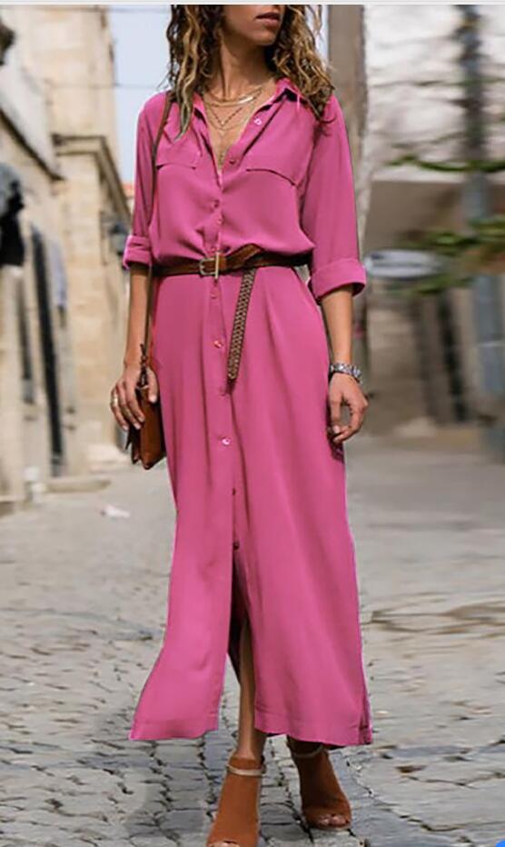 Autumn Winter Button Side Split Long Dress Women Solid Casual Loose Dress Ladies Long Sleeve Midi Dresses Vestidos