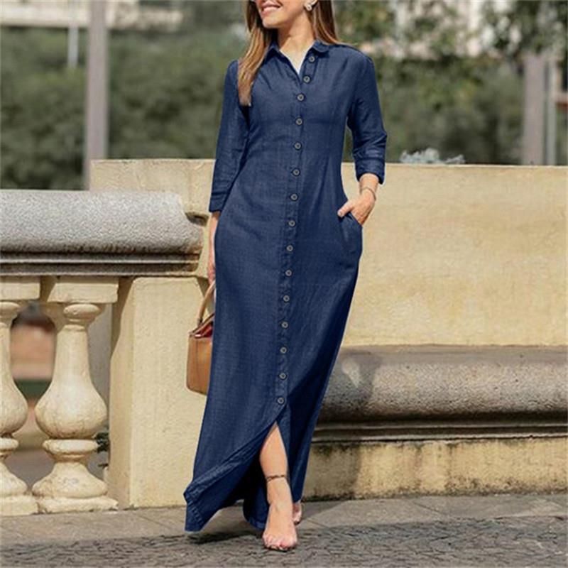 Autumn Elegant Women's Denim Dress Long Sleeve Buttons Shirt Long Dress Female Fashion New Elegant Casual Ladies Clothes