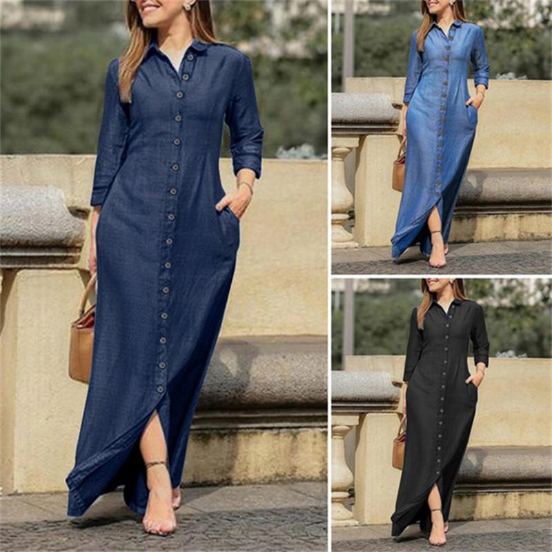 Autumn Elegant Women's Denim Dress Long Sleeve Buttons Shirt Long Dress Female Fashion New Elegant Casual Ladies Clothes