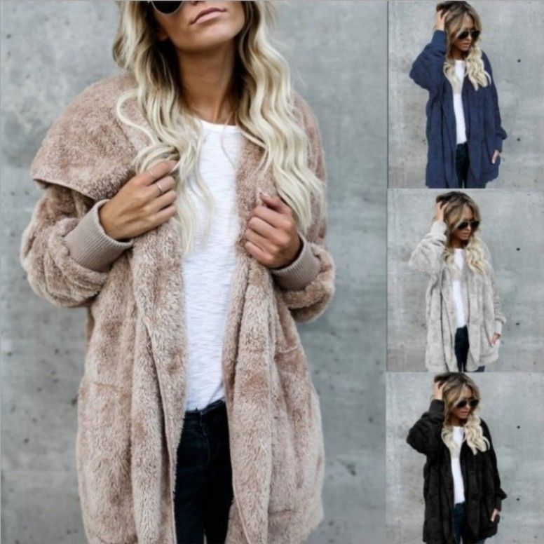 Autumn Winter Cardigan Jacket Women Solid Color Long Sleeve Plush Warm Hooded Lady Jacket Oversized Outerwear Coat