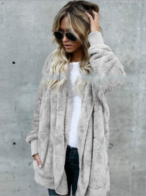 Autumn Winter Cardigan Jacket Women Solid Color Long Sleeve Plush Warm Hooded Lady Jacket Oversized Outerwear Coat