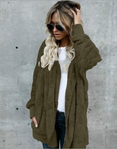 Autumn Winter Cardigan Jacket Women Solid Color Long Sleeve Plush Warm Hooded Lady Jacket Oversized Outerwear Coat