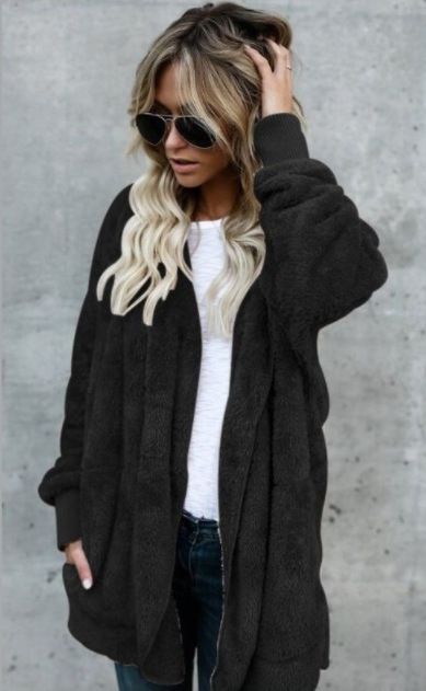 Autumn Winter Cardigan Jacket Women Solid Color Long Sleeve Plush Warm Hooded Lady Jacket Oversized Outerwear Coat