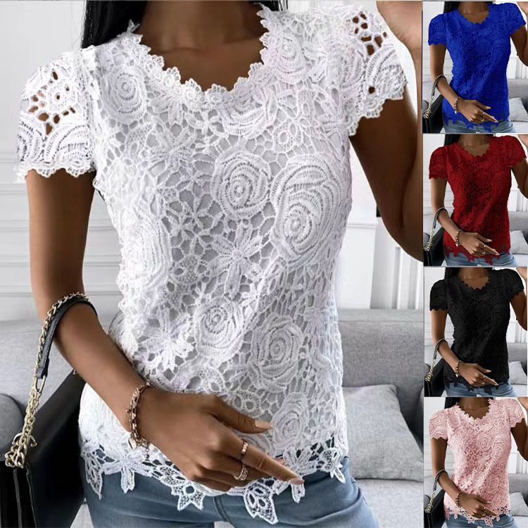 Lace T Shirt Women Elegant Casual Tshirt Woman Clothing Summer Fashion Tops Tee Vintage Clothes Streetwear Solid T-Shirts Blusas
