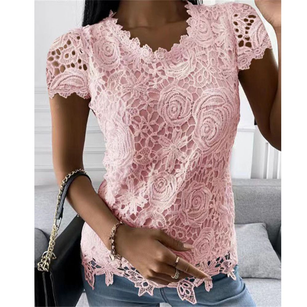 Lace T Shirt Women Elegant Casual Tshirt Woman Clothing Summer Fashion Tops Tee Vintage Clothes Streetwear Solid T-Shirts Blusas