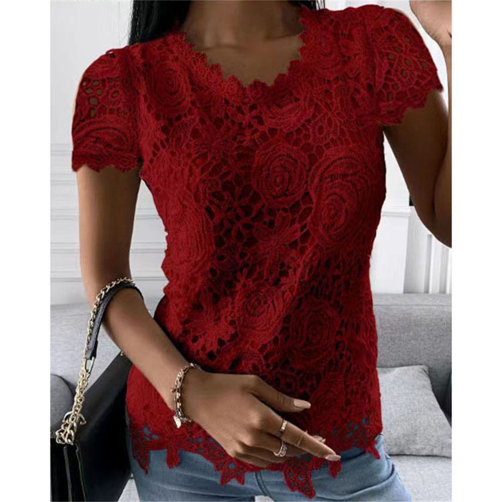 Lace T Shirt Women Elegant Casual Tshirt Woman Clothing Summer Fashion Tops Tee Vintage Clothes Streetwear Solid T-Shirts Blusas