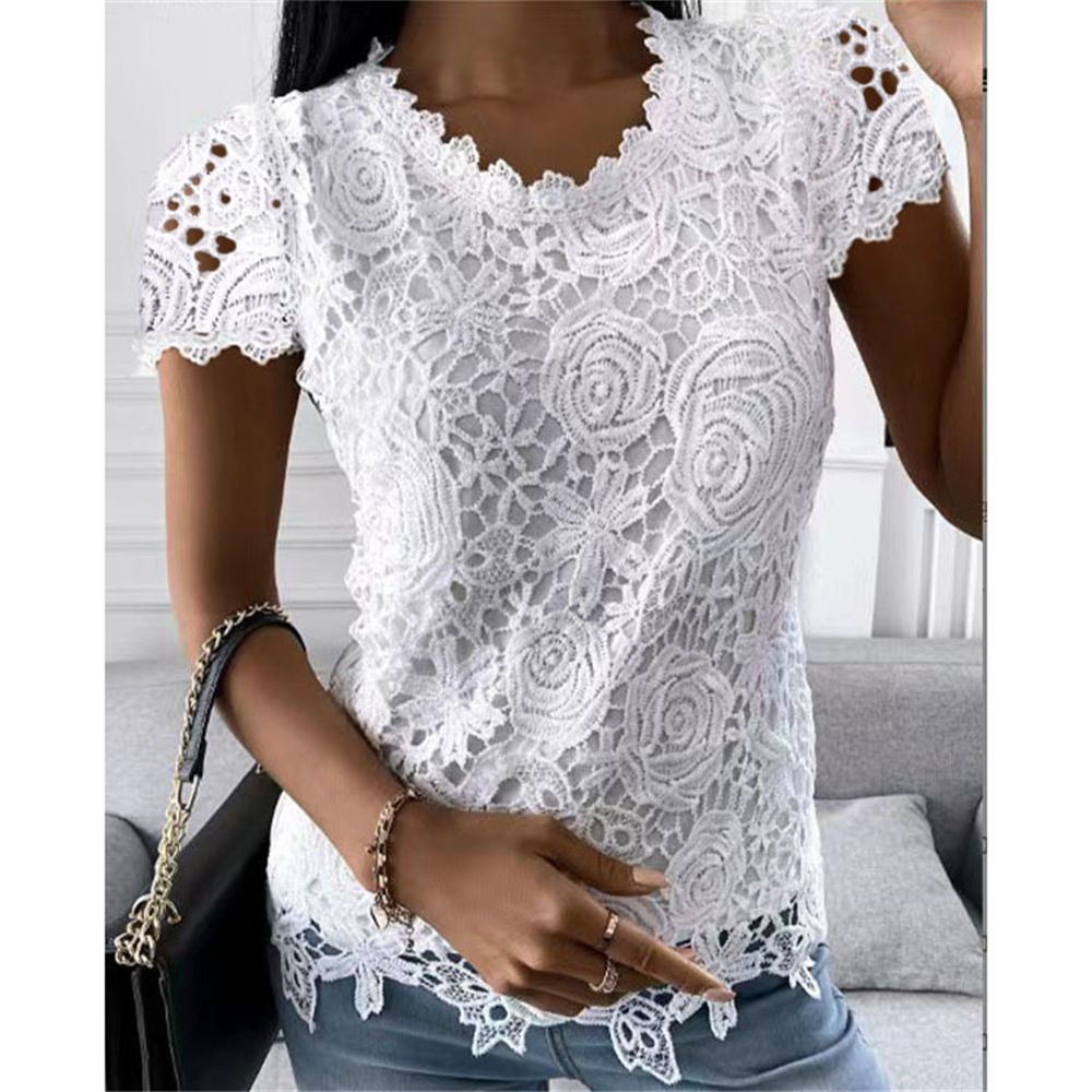 Lace T Shirt Women Elegant Casual Tshirt Woman Clothing Summer Fashion Tops Tee Vintage Clothes Streetwear Solid T-Shirts Blusas