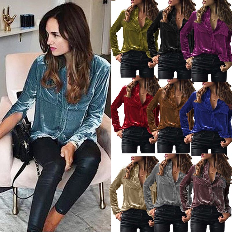 Women Blouses Velvet Shirts Elegant Casual Solid Solor Tops Long Sleeve Loose Fit Shirt With Button Warm Clothes Blusas Winter