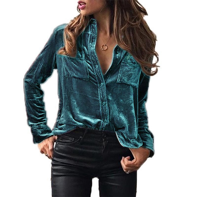 Women Blouses Velvet Shirts Elegant Casual Solid Solor Tops Long Sleeve Loose Fit Shirt With Button Warm Clothes Blusas Winter