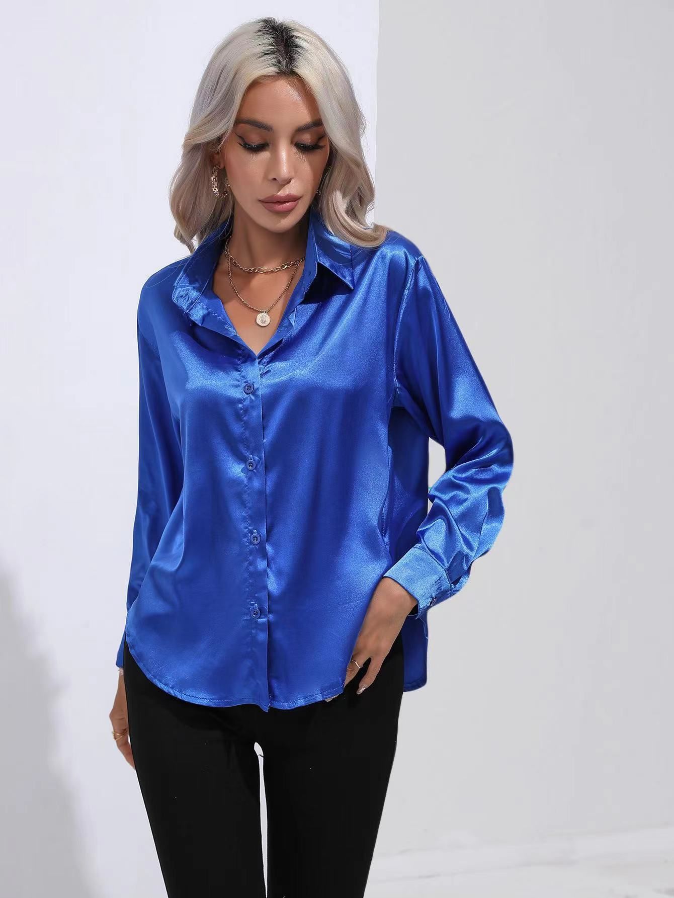 Spring Summer Satin Shirt Women V Neck Long Sleeve Office Shirt Blouses Ladies Black White Silk Loose Shirts For Women