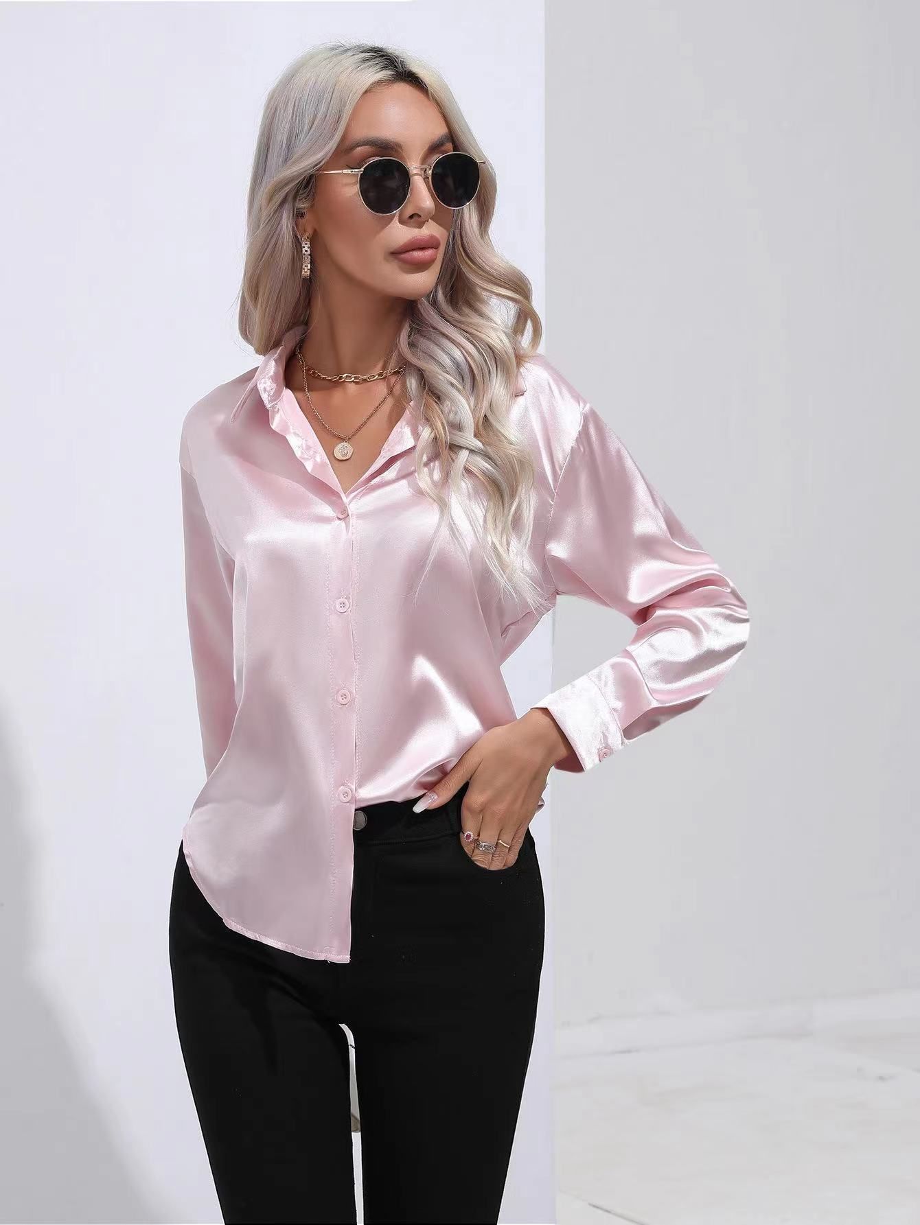 Spring Summer Satin Shirt Women V Neck Long Sleeve Office Shirt Blouses Ladies Black White Silk Loose Shirts For Women
