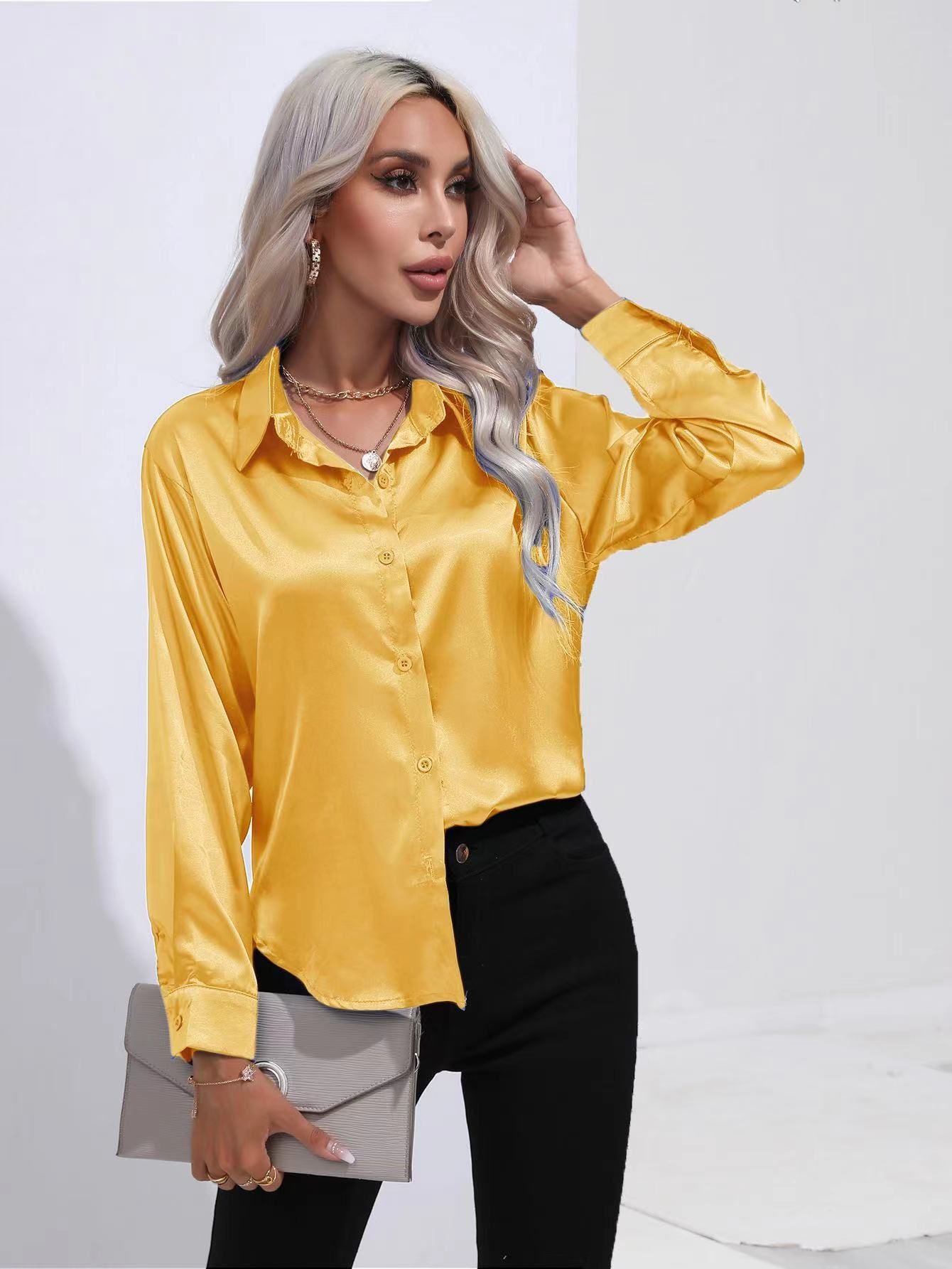 Spring Summer Satin Shirt Women V Neck Long Sleeve Office Shirt Blouses Ladies Black White Silk Loose Shirts For Women