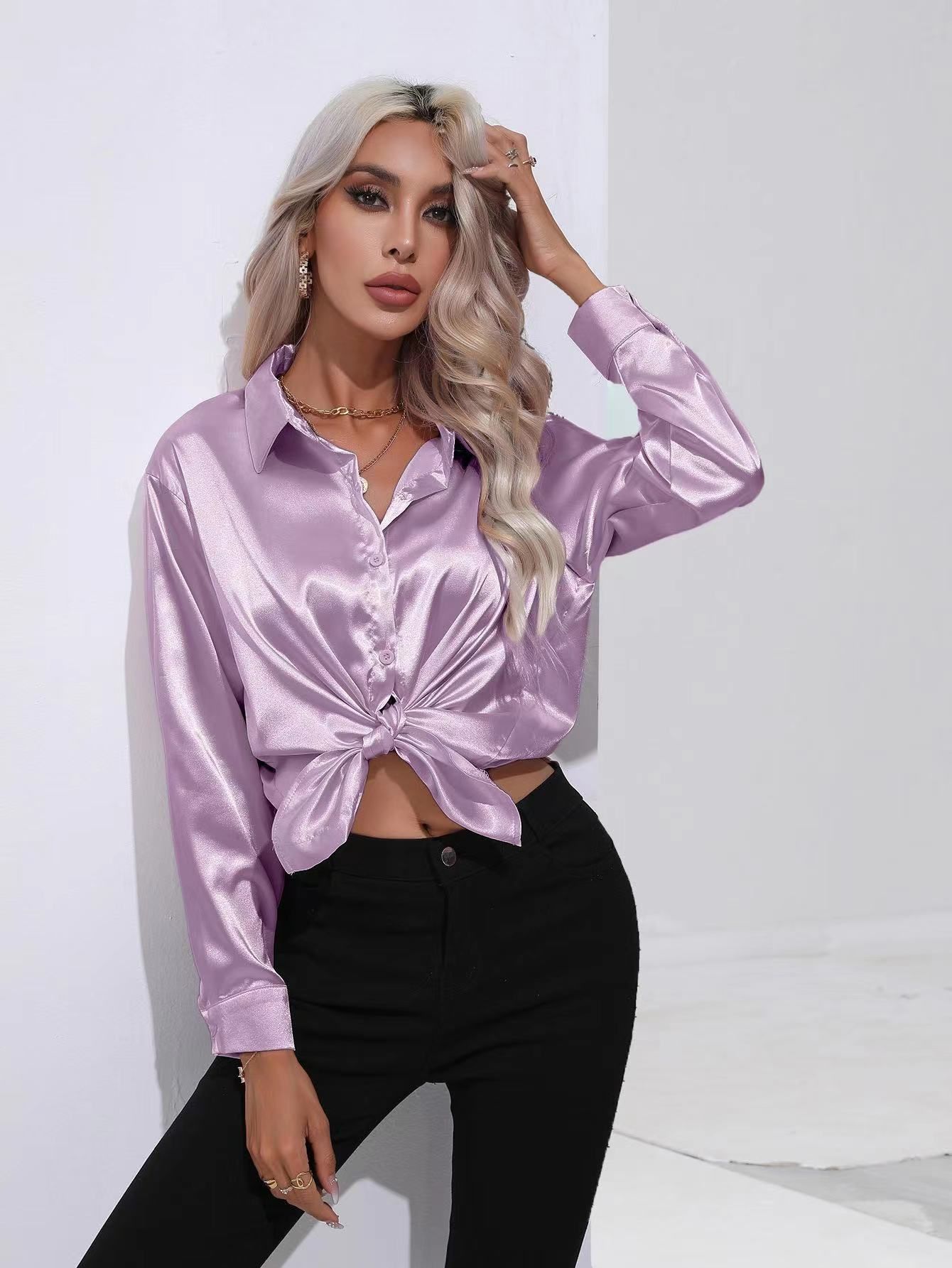 Spring Summer Satin Shirt Women V Neck Long Sleeve Office Shirt Blouses Ladies Black White Silk Loose Shirts For Women