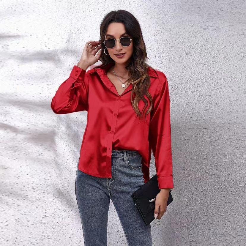 Spring Summer Satin Shirt Women V Neck Long Sleeve Office Shirt Blouses Ladies Black White Silk Loose Shirts For Women