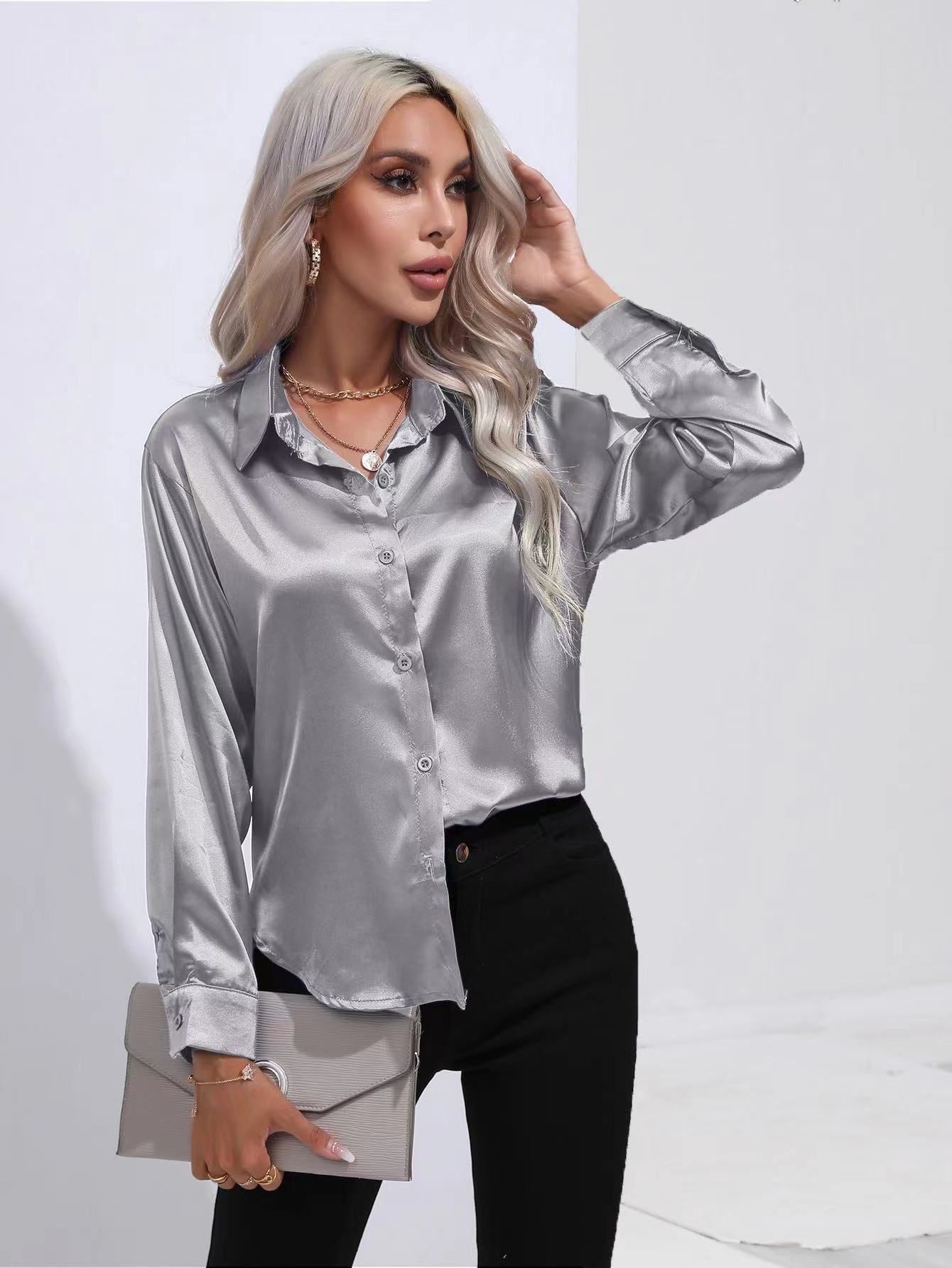 Spring Summer Satin Shirt Women V Neck Long Sleeve Office Shirt Blouses Ladies Black White Silk Loose Shirts For Women