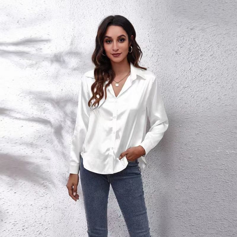 Spring Summer Satin Shirt Women V Neck Long Sleeve Office Shirt Blouses Ladies Black White Silk Loose Shirts For Women