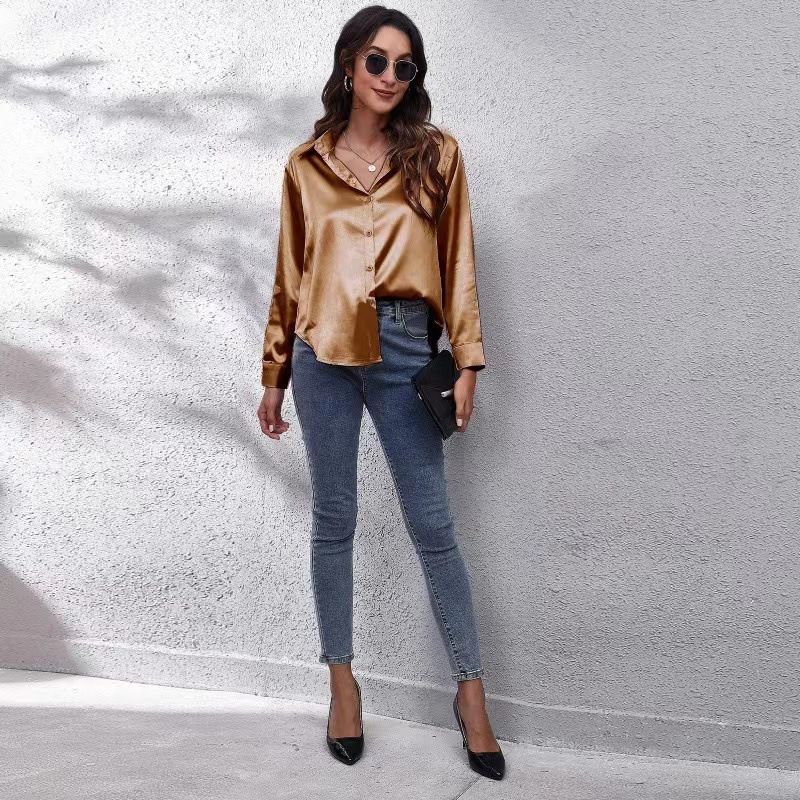 Spring Summer Satin Shirt Women V Neck Long Sleeve Office Shirt Blouses Ladies Black White Silk Loose Shirts For Women