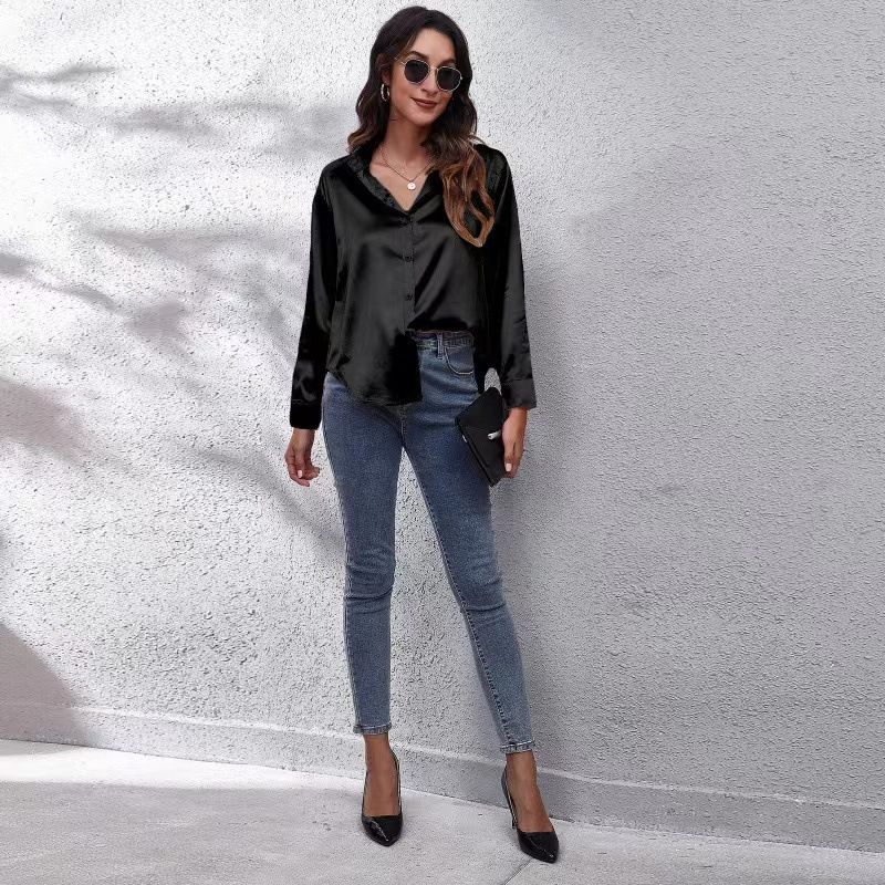 Spring Summer Satin Shirt Women V Neck Long Sleeve Office Shirt Blouses Ladies Black White Silk Loose Shirts For Women