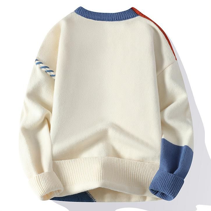 Autumn Winter Warm Mens Knitted Sweaters Fashion Patchwork O Neck Knit Pullovers Korean Streetwear Pullover Casual Mens Clothing