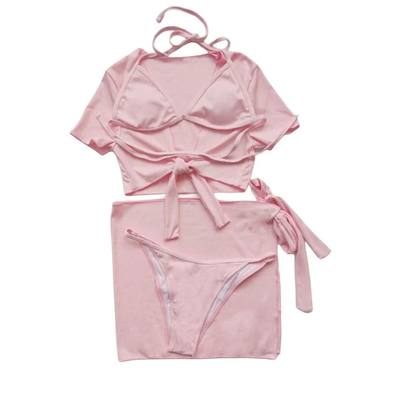 4PCS/Set Swimwear Women Sexy High Waist Neck Bikini Set Swimsuit Short Tied Sleeve Bathing Suit Swim Wear