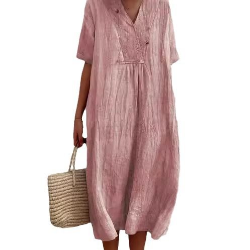 Summer Dress Elegant V Neck Dress for Women Solid Color Loose Pullover with Big Hem for Wear Dating Commuting Simple