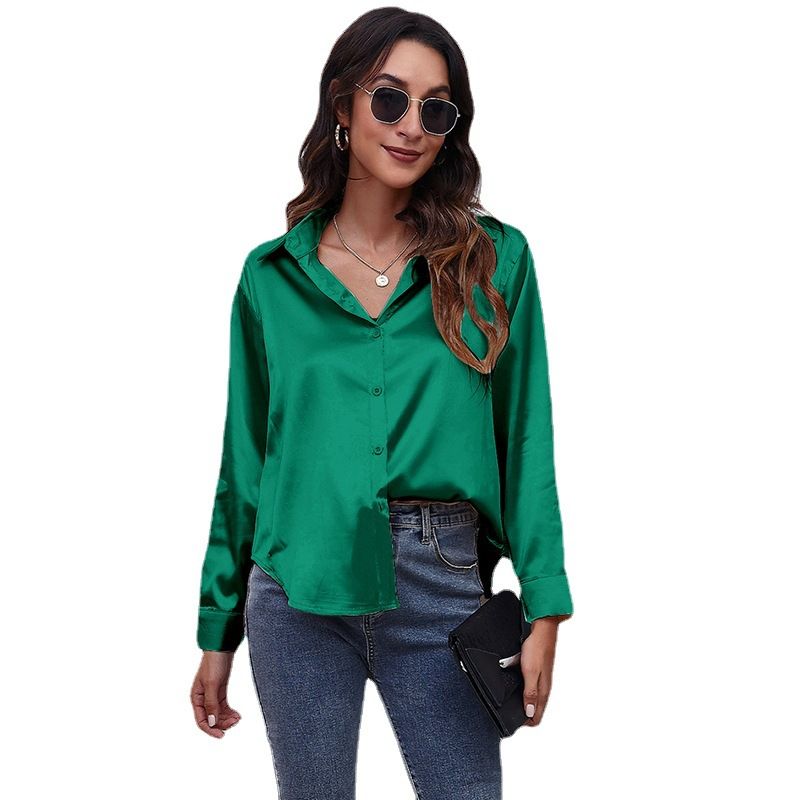 Spring Summer Satin Shirt Women V Neck Long Sleeve Office Shirt Blouses Ladies Black White Silk Loose Shirts For Women