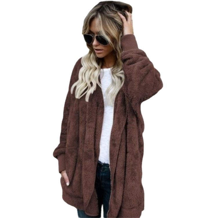 Autumn Winter Cardigan Jacket Women Solid Color Long Sleeve Plush Warm Hooded Lady Jacket Oversized Outerwear Coat