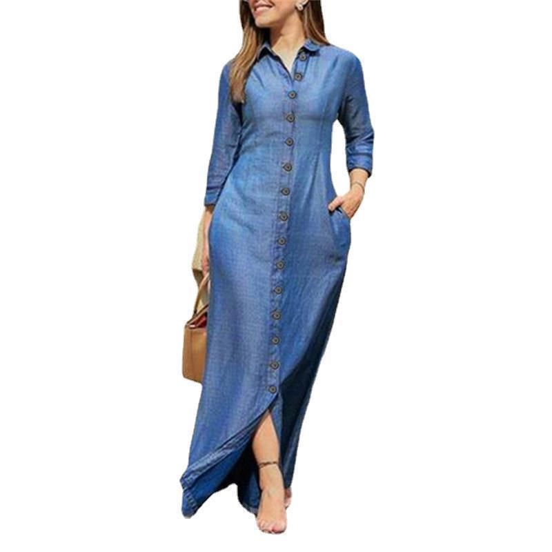 Autumn Elegant Women's Denim Dress Long Sleeve Buttons Shirt Long Dress Female Fashion New Elegant Casual Ladies Clothes