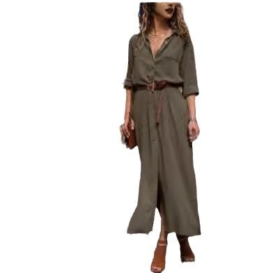 Autumn Winter Button Side Split Long Dress Women Solid Casual Loose Dress Ladies Long Sleeve Midi Dresses Vestidos