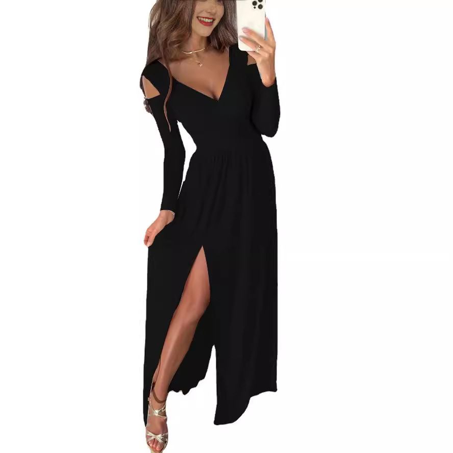 Elegant Women Slim Party Dress Casual Long Sleeve V Neck Solid High Slit Femme Dress Autumn Sexy Lady Hollow Out Vestidos