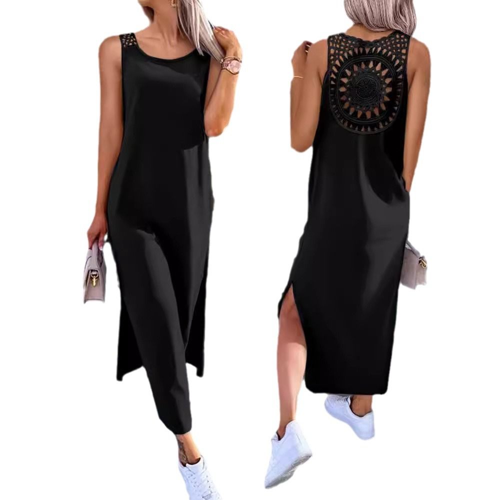 Hollow Out Solid Long Dress Women Fashion Sleeveless O-neck Maxi Dresses For Women Summer Women's Slim Split Vestidos Black
