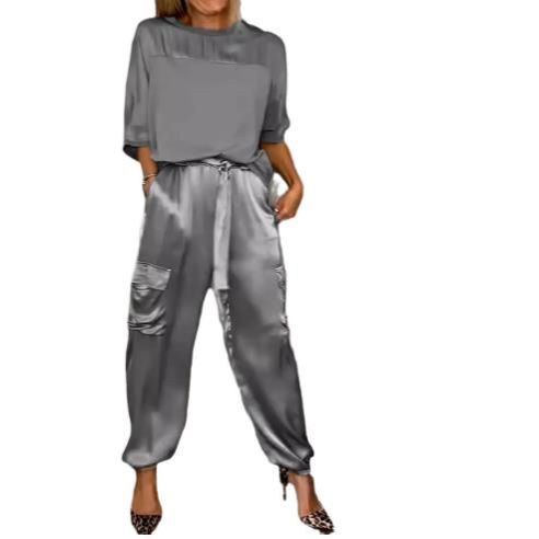 Women's Smooth Satin Short-sleeved Top and Pants Two-piece Set O-neck Lace Up Outfits Loose and Elegant Women's Two Piece Set