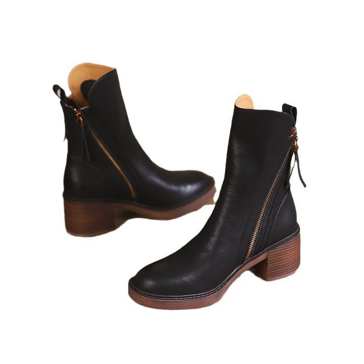 Women's Platform Chelsea Boots New Round Toe Chunky Heel Women Brown Ankle Boots Outdoor High Heel Leather Boots Zapatos Mujer