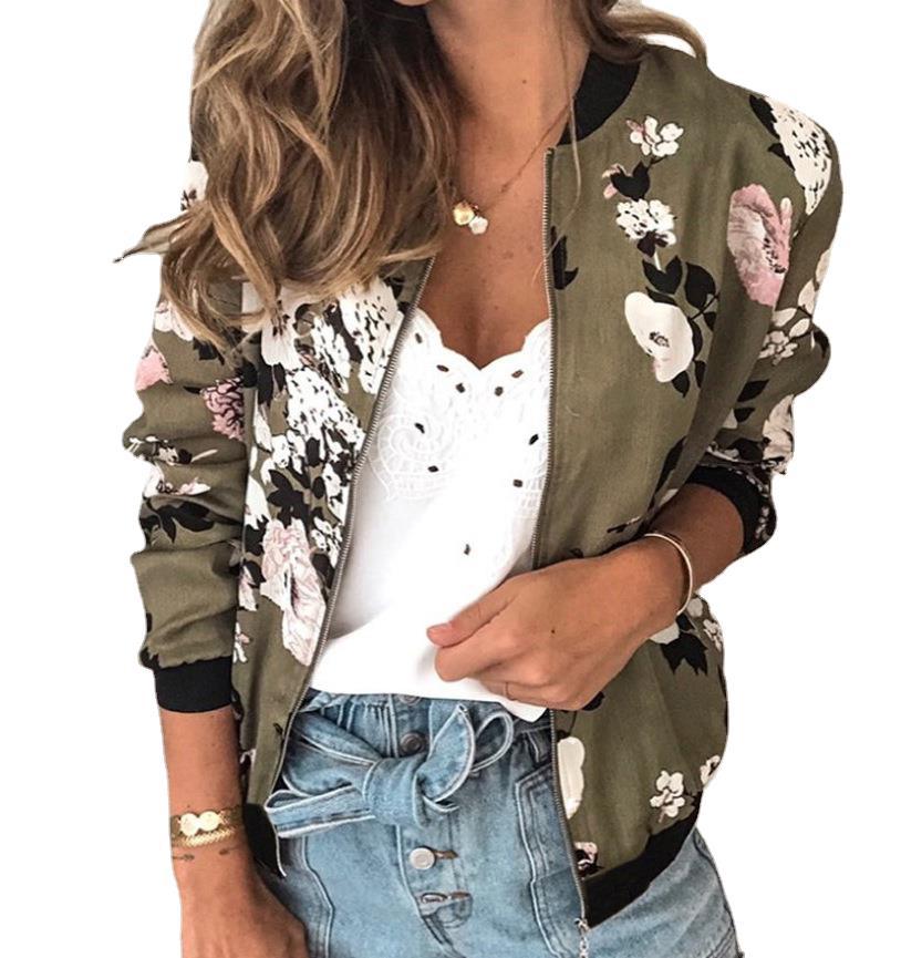 Casual Floral Printed Plus Size Bomber Jacket Autumn Elegant Zipper Coat Office Wear Slim Office Jackets Vintage Outwear