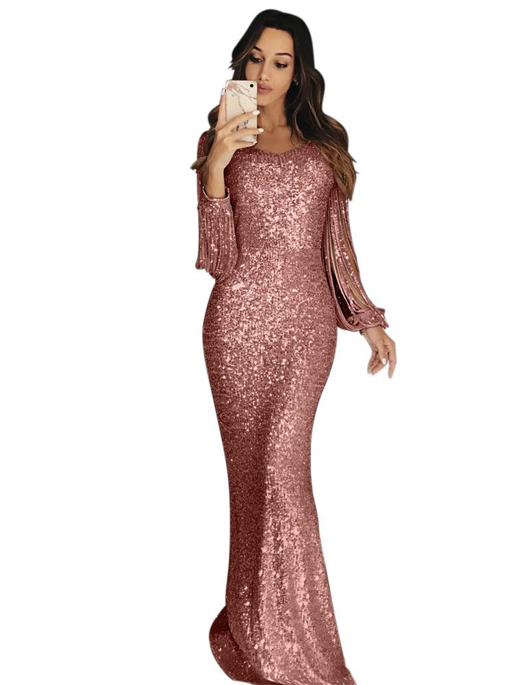 Elegant Ladies Vestidos Plus Size Chic Women Tassel Lantern Sleeve Sequined Tassel Long Sleeve V Neck Bodycon Party Maxi Dress