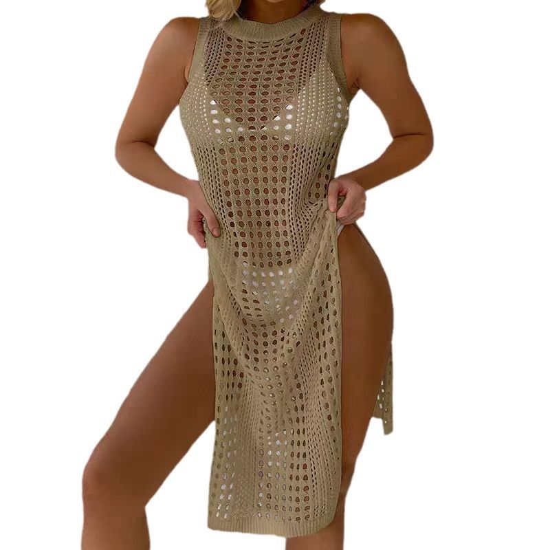 Women Hollow Out Crochet Cover Up Swimwear Sleeveless Bikini Dress Smock Split Sexy Beach Knitwear Solid Only Smock , no bikini includedwimsuit