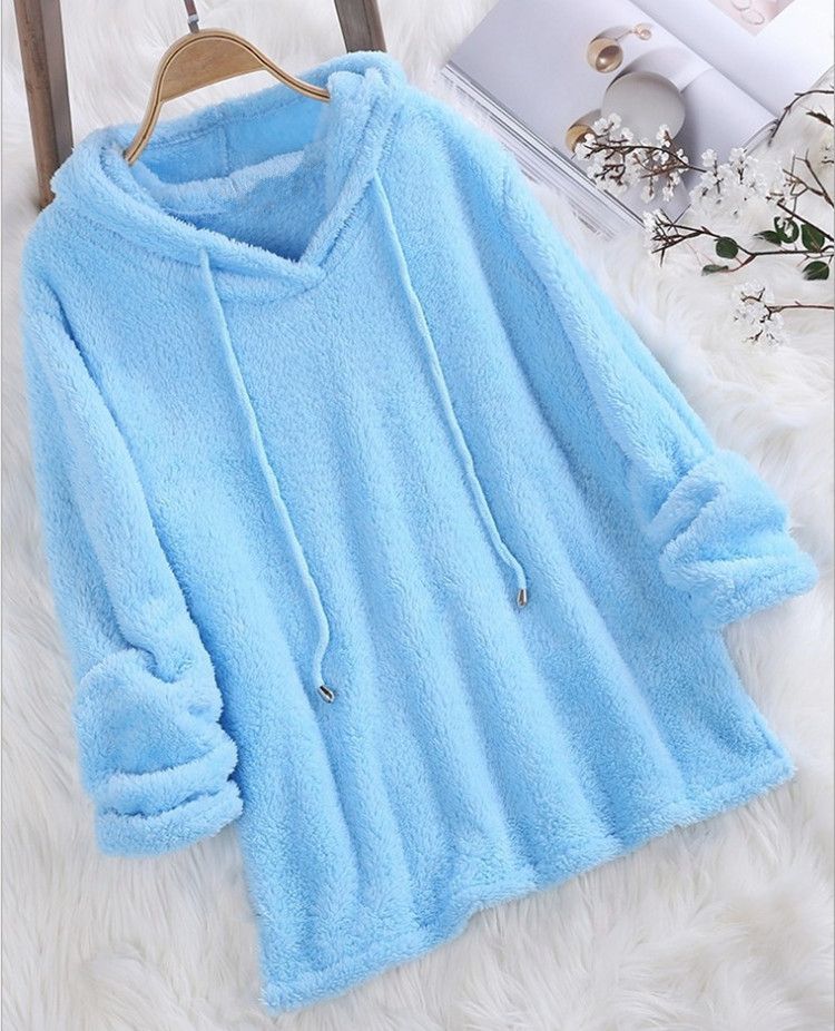 Long Sleeve Plush Hoodies Large Size Womens Casual Solid Hooded Sweatshirts Blouse Tops Cotton Sweat Shirts