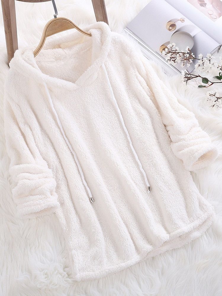 Long Sleeve Plush Hoodies Large Size Womens Casual Solid Hooded Sweatshirts Blouse Tops Cotton Sweat Shirts
