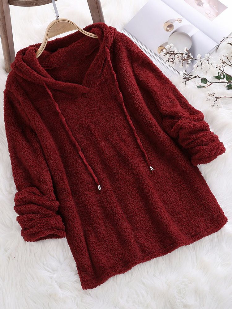 Long Sleeve Plush Hoodies Large Size Womens Casual Solid Hooded Sweatshirts Blouse Tops Cotton Sweat Shirts