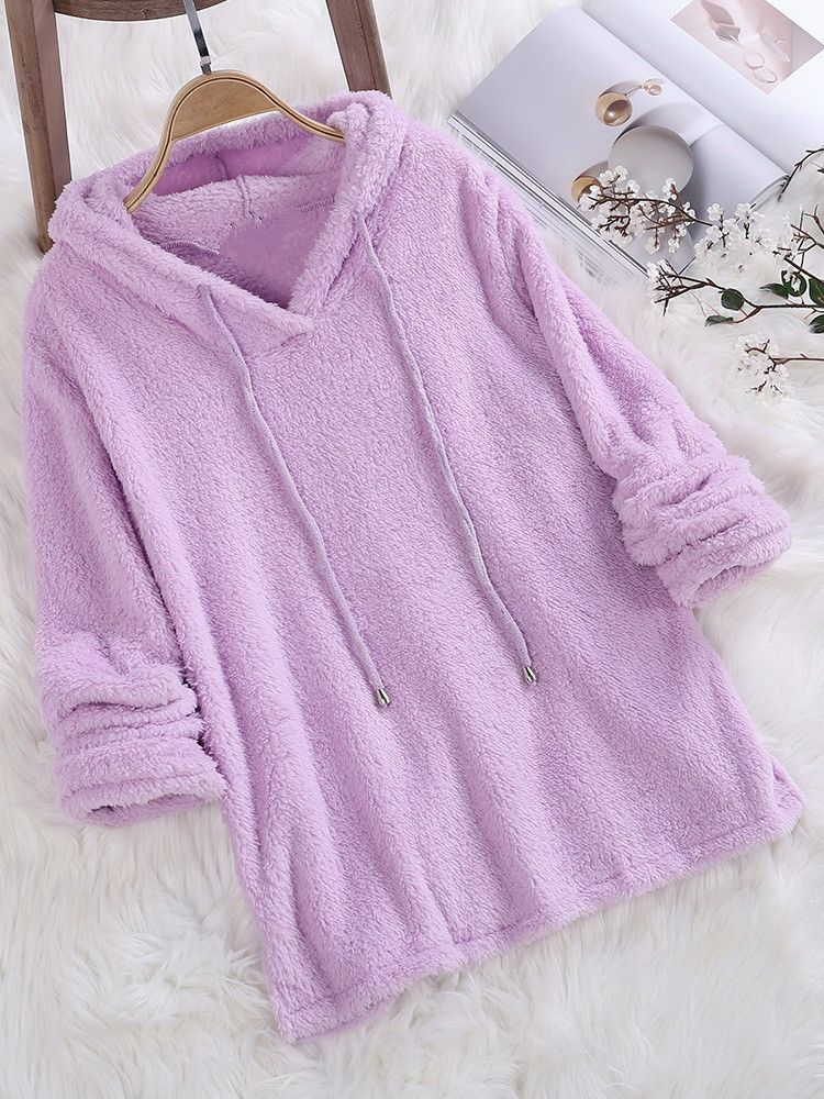 Long Sleeve Plush Hoodies Large Size Womens Casual Solid Hooded Sweatshirts Blouse Tops Cotton Sweat Shirts