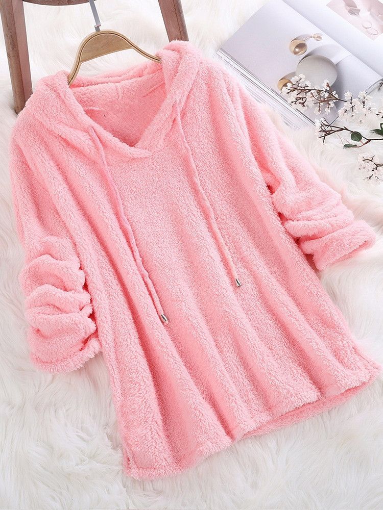 Long Sleeve Plush Hoodies Large Size Womens Casual Solid Hooded Sweatshirts Blouse Tops Cotton Sweat Shirts