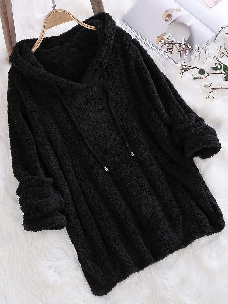 Long Sleeve Plush Hoodies Large Size Womens Casual Solid Hooded Sweatshirts Blouse Tops Cotton Sweat Shirts