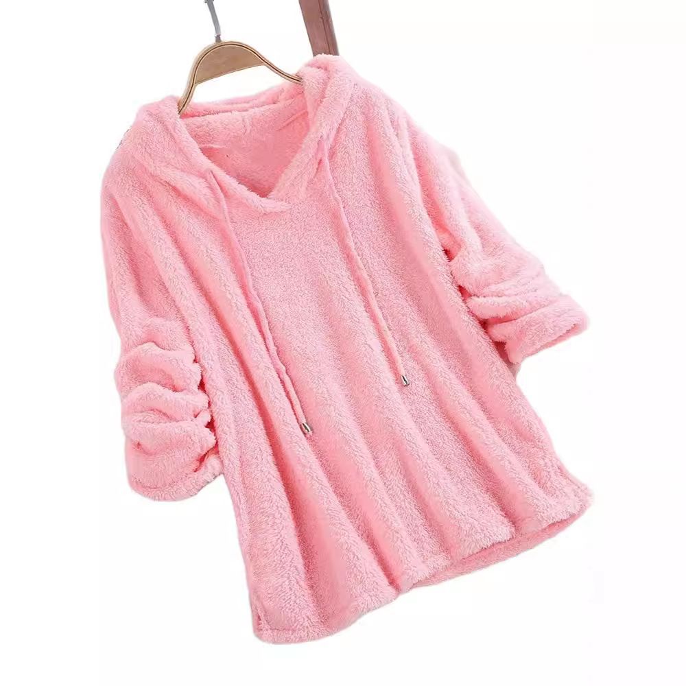 Long Sleeve Plush Hoodies Large Size Womens Casual Solid Hooded Sweatshirts Blouse Tops Cotton Sweat Shirts